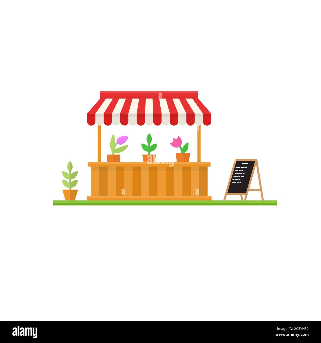 Modernes minimalistisches Blumenmarktstanddesign mit Ankündigungsplatine. Vektor. Flacher Icon-Shop oder Markt Store Front. Für Webdesign und Anwendungsschnittstelle, auch nützlich für Infografiken. Stock Vektor