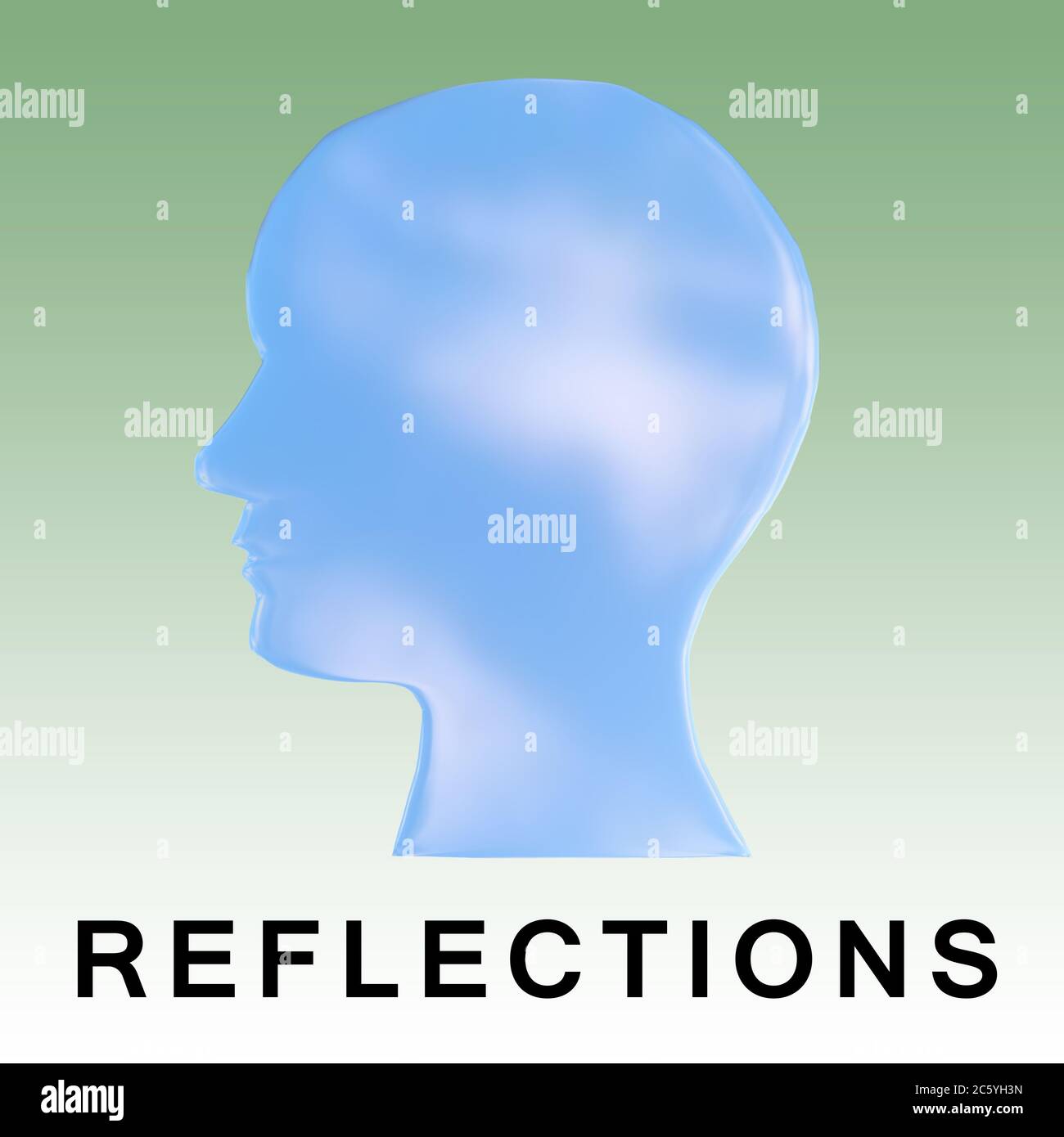 3D-Darstellung der Kopfsilhouette mit den TEXTREFLEXIONEN, isoliert über grünem Verlauf. Stockfoto