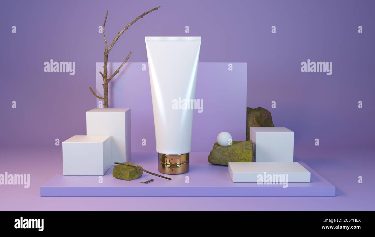 Natürliche Kosmetik Hautpflege-Tube mit sauberen Podium auf lila Hintergrund, 3d-Illustration. Stockfoto