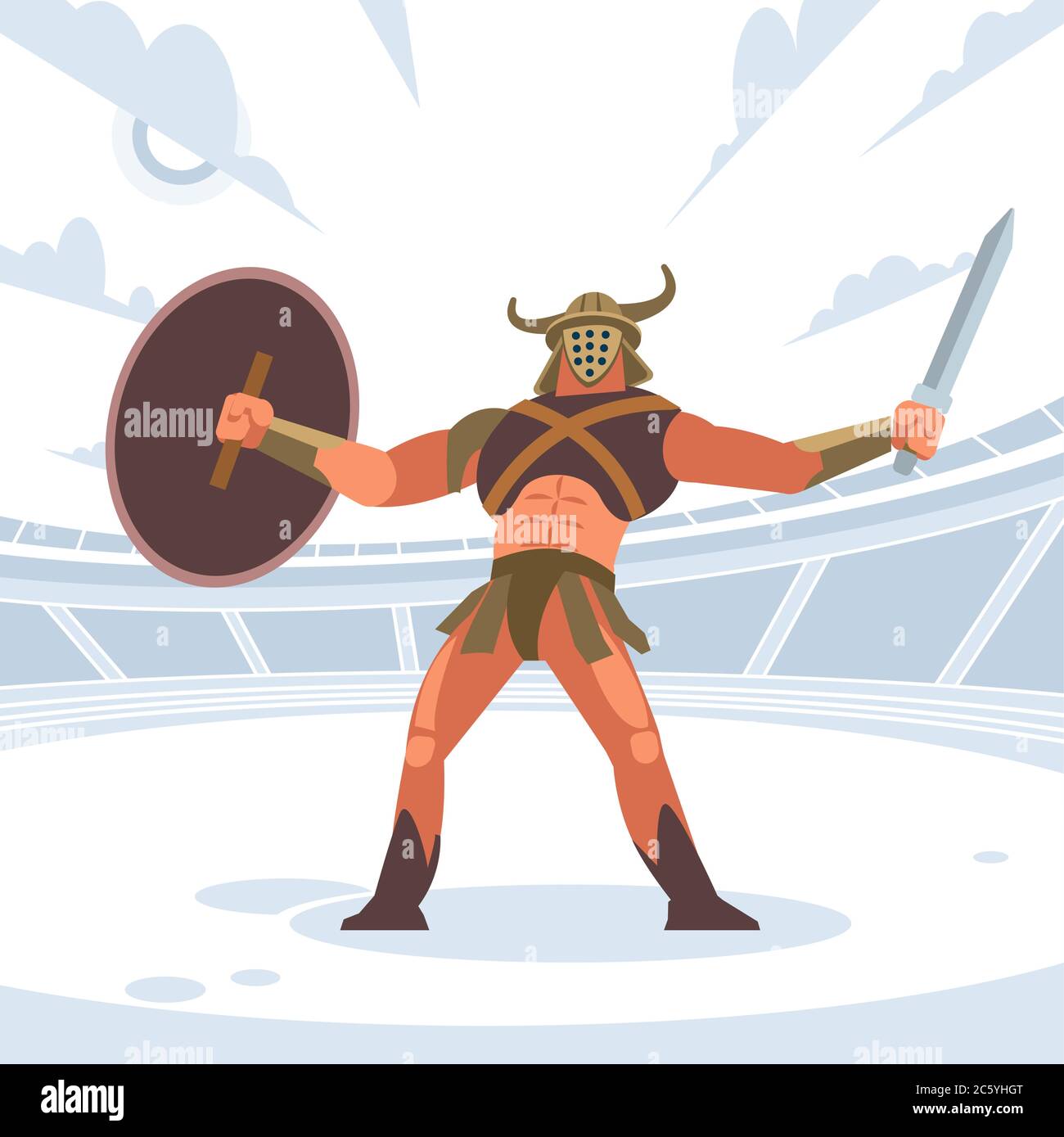 Gladiator in Rüstung mit Schild. Vektor-isolierte Illustration. Flacher Cartoon-Stil Stock Vektor