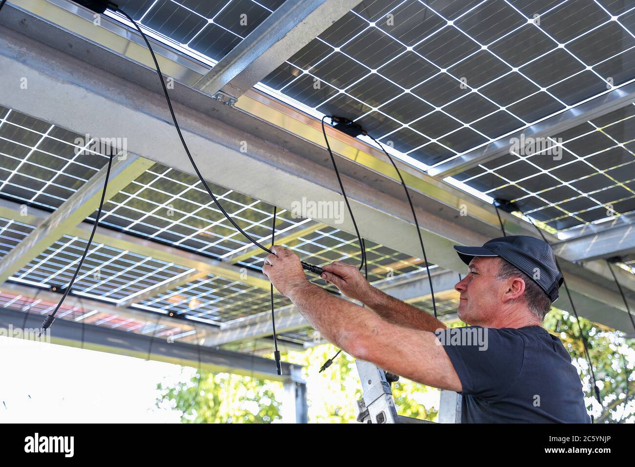 Installation von halbtransparenten Solarmodulen Stockfoto