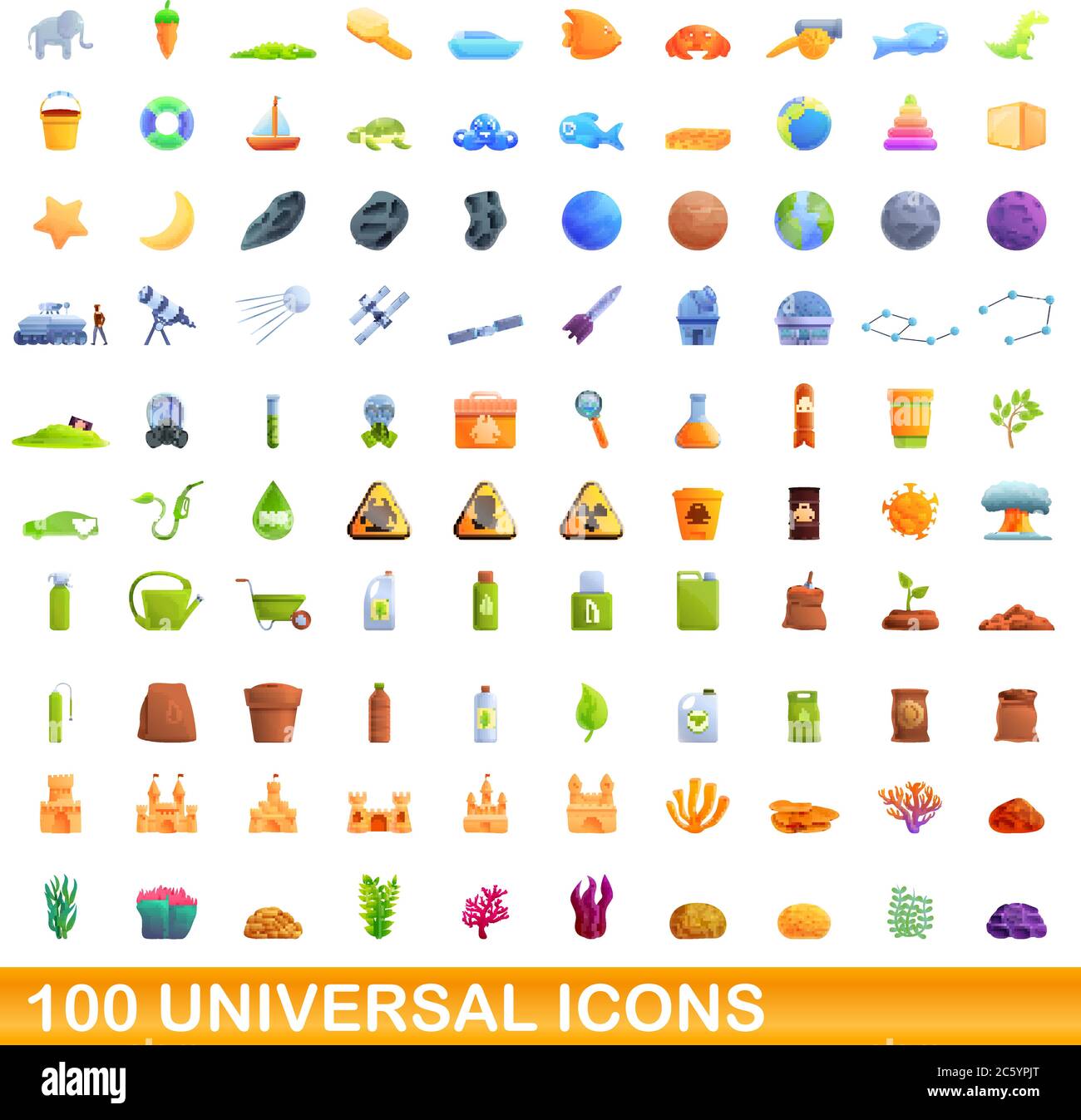 100 universelle Symbole gesetzt. Cartoon Illustration von 100 universelle Symbole Vektor auf weißem Hintergrund einstellen Stock Vektor