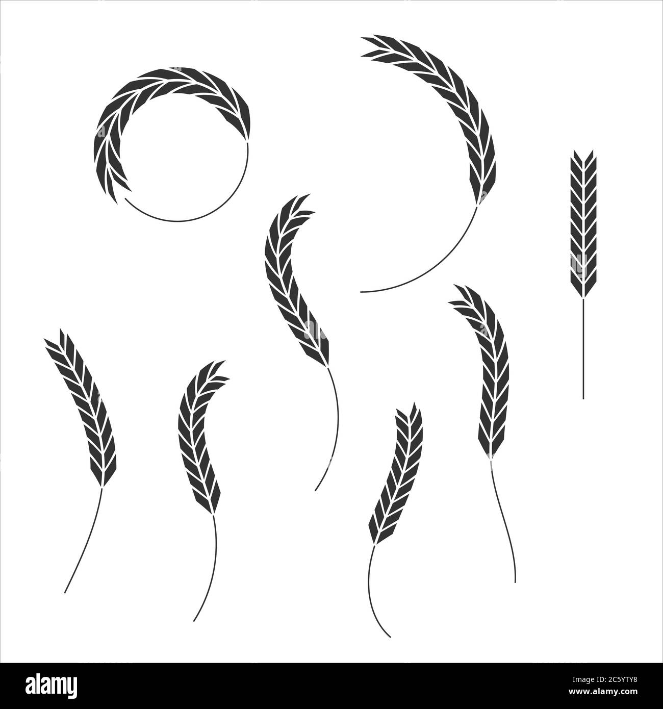 Getreide Korn Spikes Icon Form Set. Landwirtschaft Lebensmittel Logo Symbol. Vektorgrafik. Isoliert auf weißem Hintergrund. Hafer, Molke, Gerste, Roggen. Stock Vektor