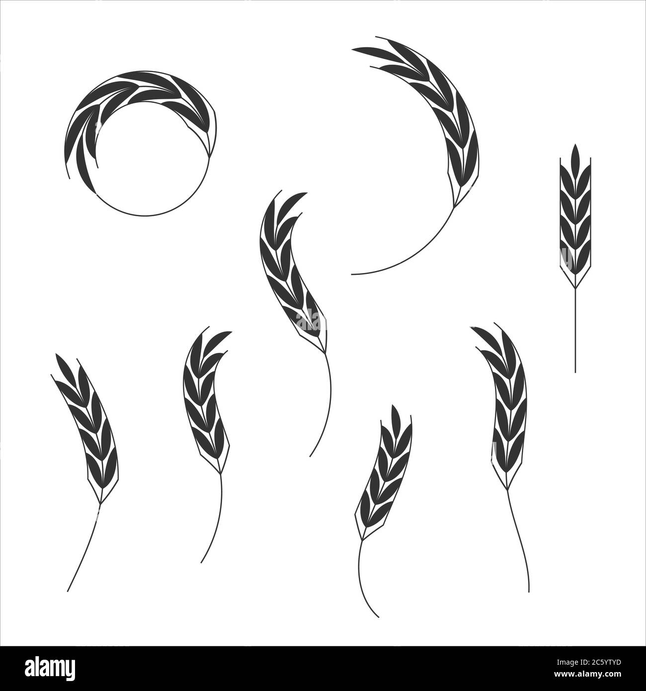 Getreide Korn Spikes Icon Form Set. Landwirtschaft Lebensmittel Logo Symbol. Vektorgrafik. Isoliert auf weißem Hintergrund. Hafer, Molke, Gerste, Roggen. Stock Vektor