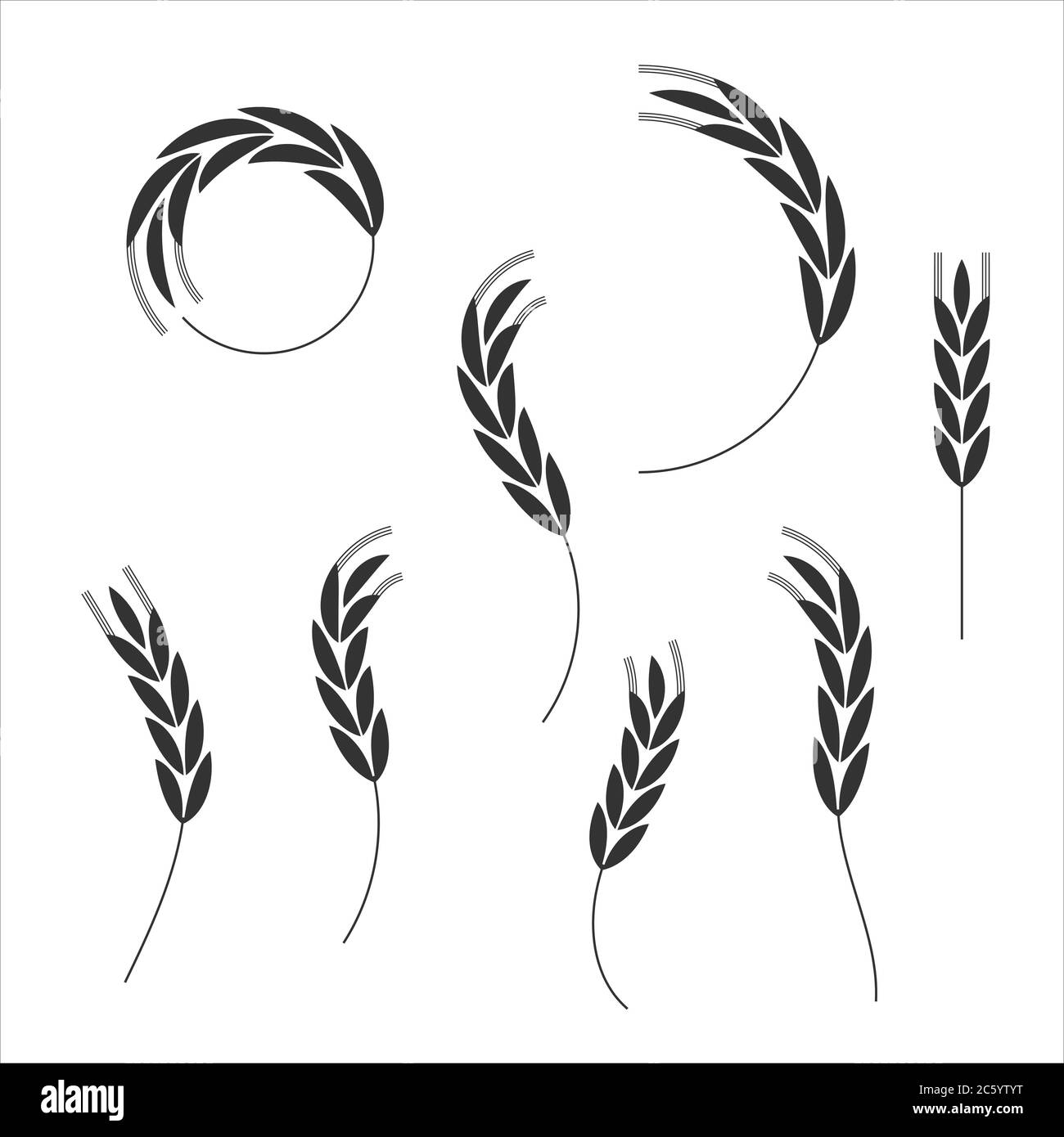 Getreide Korn Spikes Icon Form Set. Landwirtschaft Lebensmittel Logo Symbol. Vektorgrafik. Isoliert auf weißem Hintergrund. Hafer, Molke, Gerste, Roggen. Stock Vektor