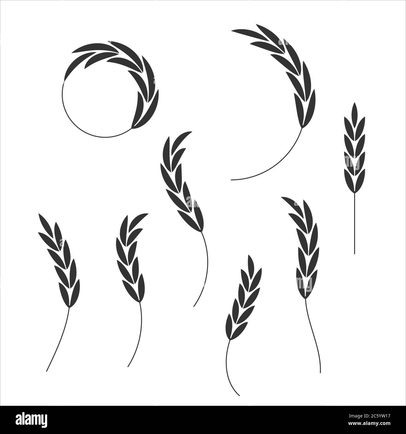 Getreide Korn Spikes Icon Form Set. Landwirtschaft Lebensmittel Logo Symbol. Vektorgrafik. Isoliert auf weißem Hintergrund. Hafer, Molke, Gerste, Roggen. Stock Vektor