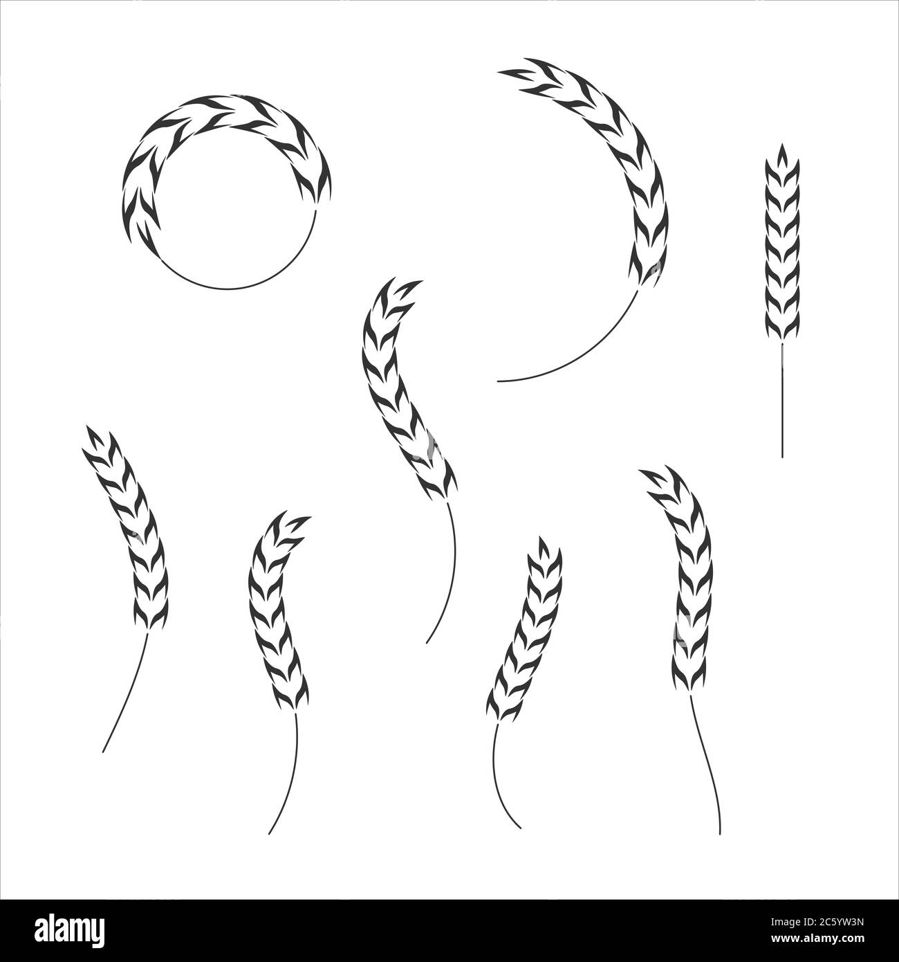 Getreide Korn Spikes Icon Form Set. Landwirtschaft Lebensmittel Logo Symbol. Vektorgrafik. Isoliert auf weißem Hintergrund. Hafer, Molke, Gerste, Roggen. Stock Vektor