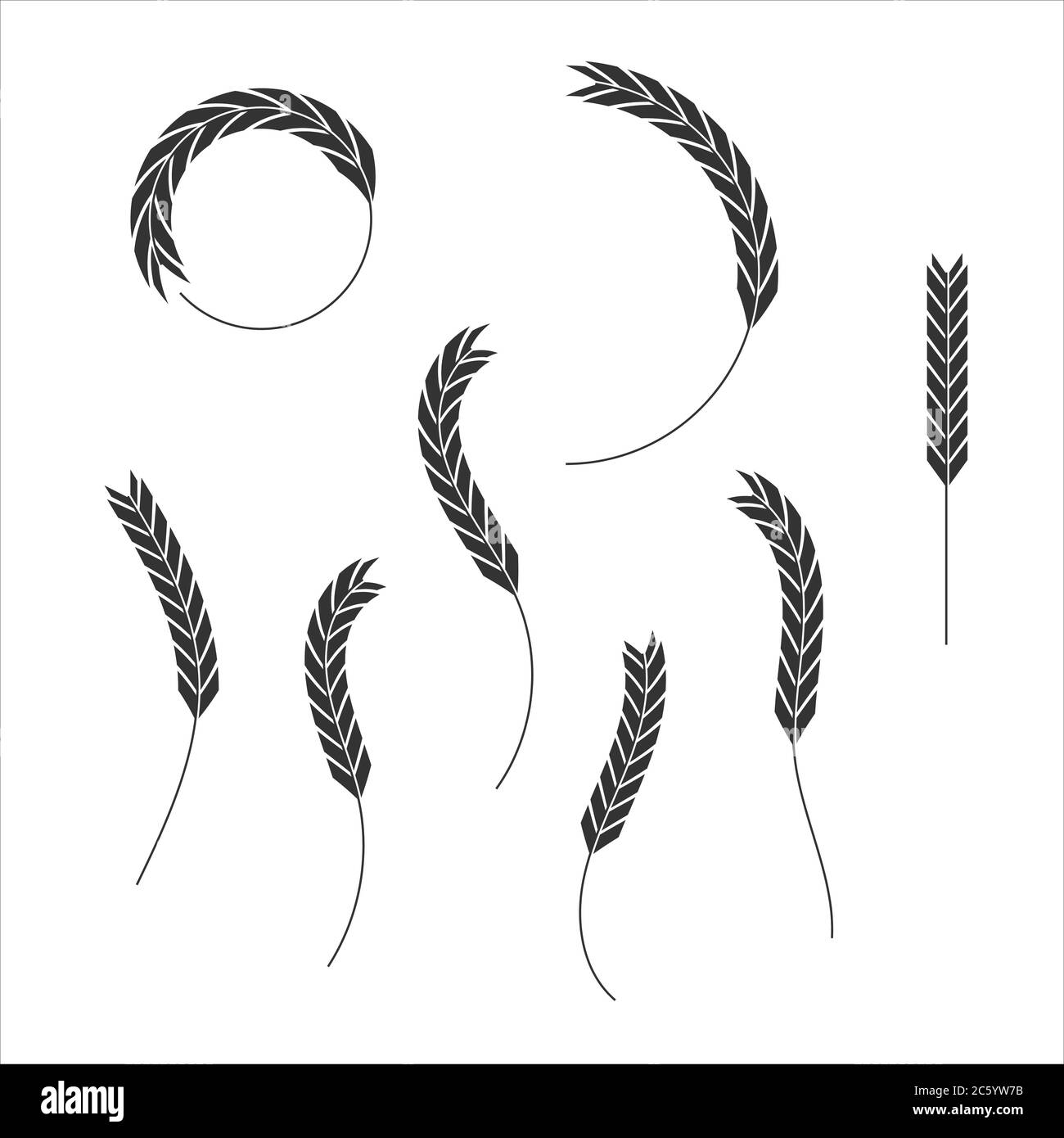 Getreide Korn Spikes Icon Form Set. Landwirtschaft Lebensmittel Logo Symbol. Vektorgrafik. Isoliert auf weißem Hintergrund. Hafer, Molke, Gerste, Roggen. Stock Vektor