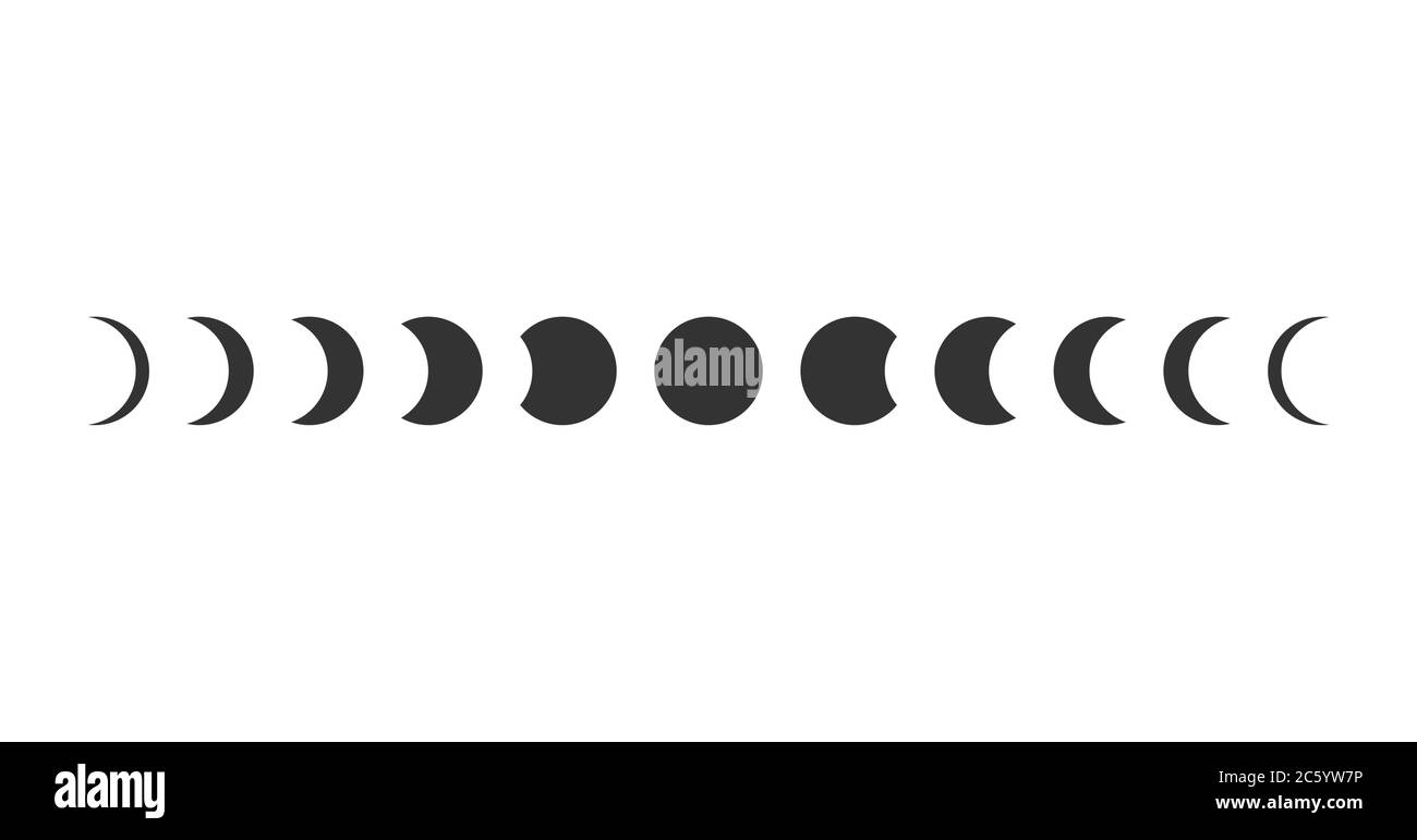 Mond Phasen Astronomie Symbol Silhouette Symbol gesetzt. Vollmond- und Halbmond-Logo. Vektorgrafik. Isoliert auf weißem Hintergrund. Stock Vektor