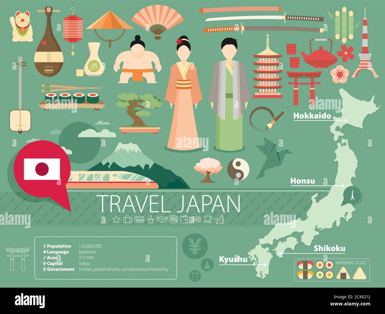 Flache Symbole Design Travel Concept.Vector Japan Stock Vektor