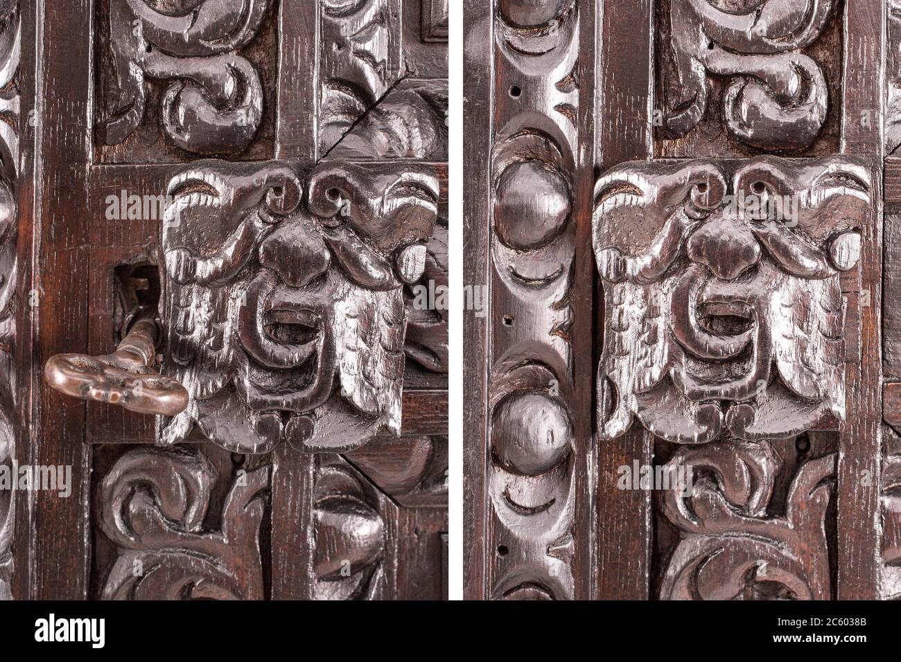 Teil der alten Garderobe als Beispiel für schöne Holzschnitzereien Hintergrund. Stockfoto
