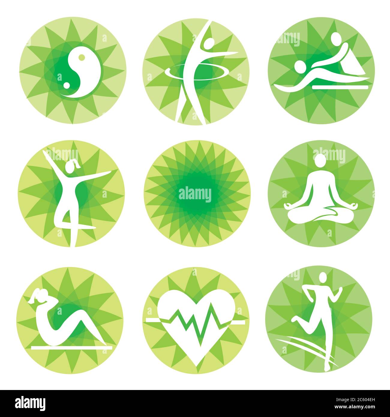 Yoga Fitness-Symbole, grüne Kreise. Set von gesunden Lebensstil Symbole auf decorativ Hintergrund.Vektor verfügbar. Stock Vektor