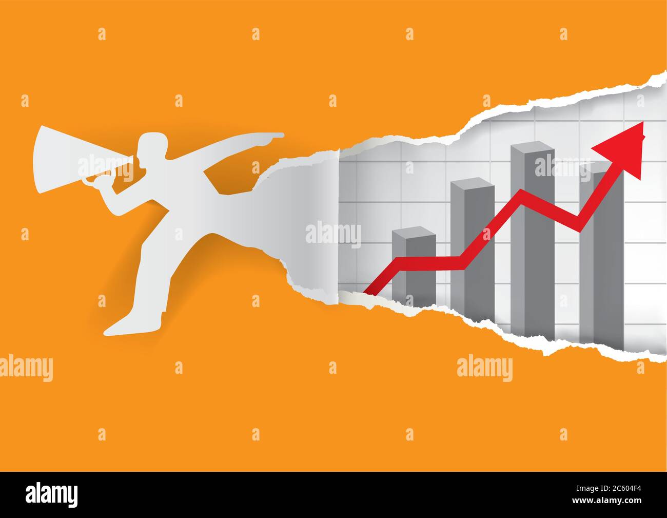 Running man mit Megaphon und aufsteigender Grafik. Papier männlichen Silhouette ripping orange Papier mit Business-Chart mit roten Pfeil nach oben. Vektor verfügbar. Stock Vektor