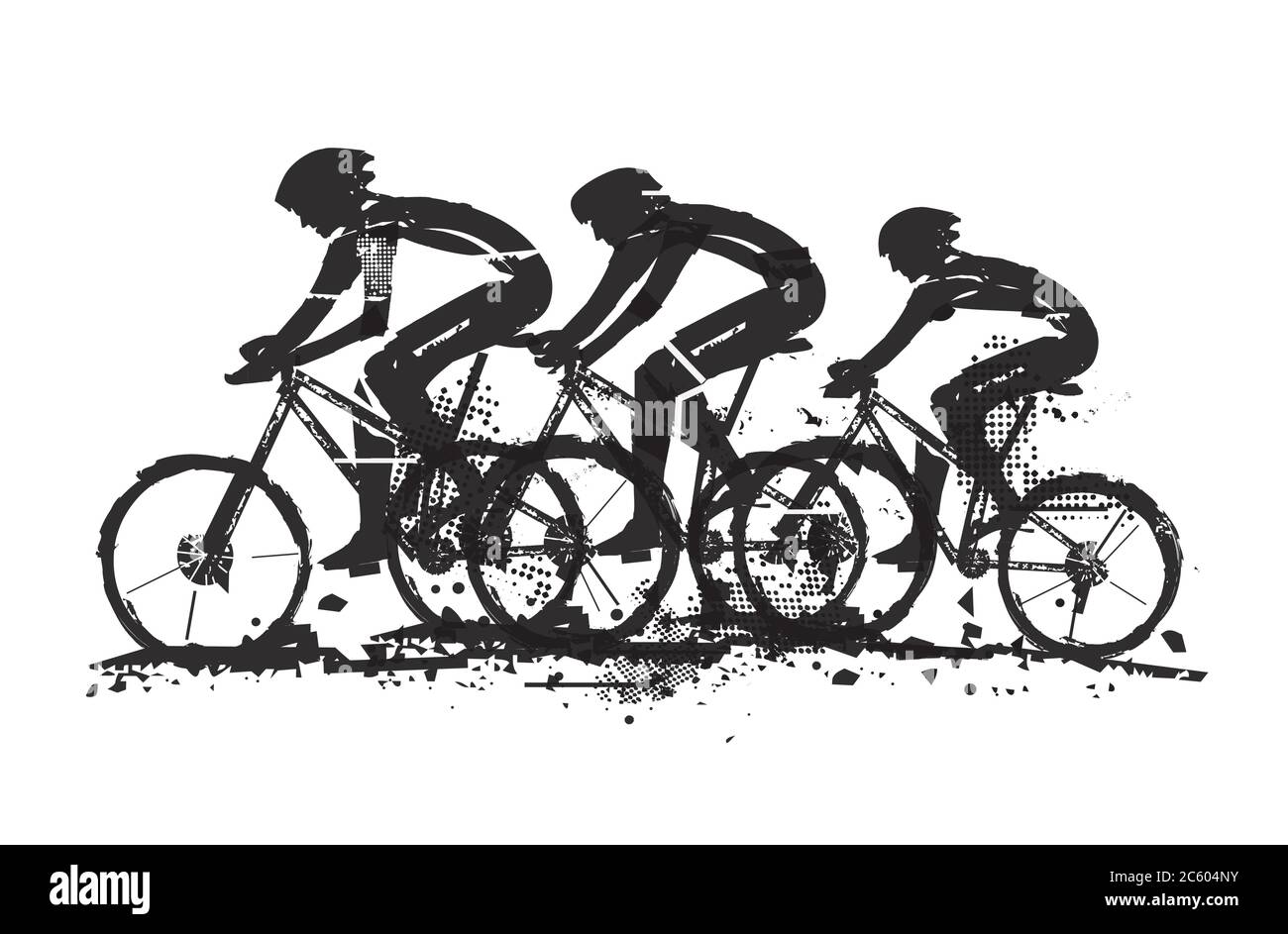 Mountainbiker, Wettbewerb. Ausdrucksstarke Grunge stilisierte schwarze Illustration von drei Radfahrern auf dem Mountainbike. Vektor verfügbar. Stock Vektor