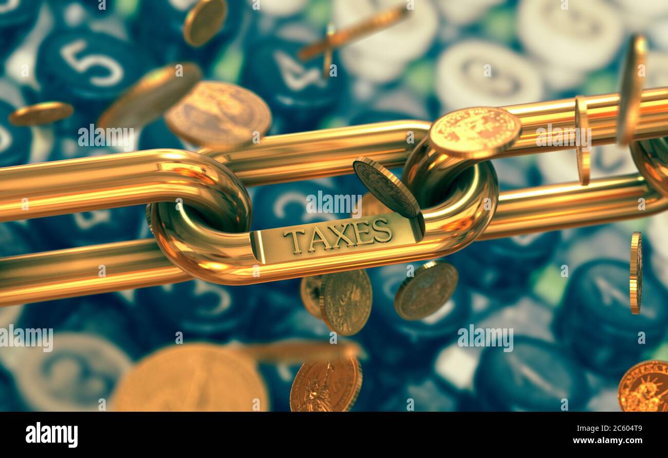 Steuer-Symbol auf Gold-Kette mit fallenden Münzen. Finanzen und Kosten auf alten Rechner Hintergrund. Stockfoto
