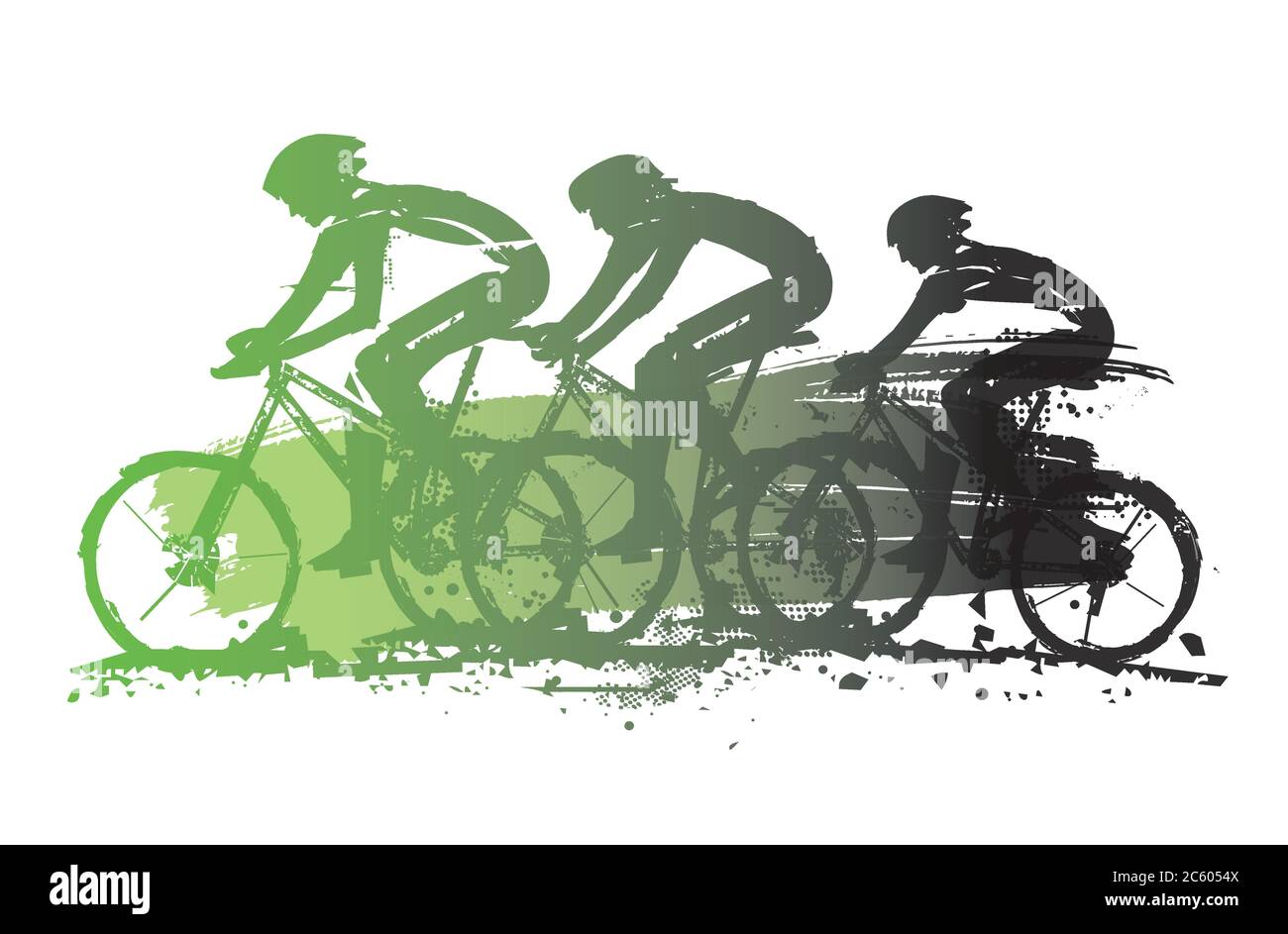 Mountainbiker, Wettbewerb. Ausdrucksstarke Grunge stilisierte Illustration von drei Radfahrern auf dem Mountainbike. Vektor verfügbar. Stock Vektor