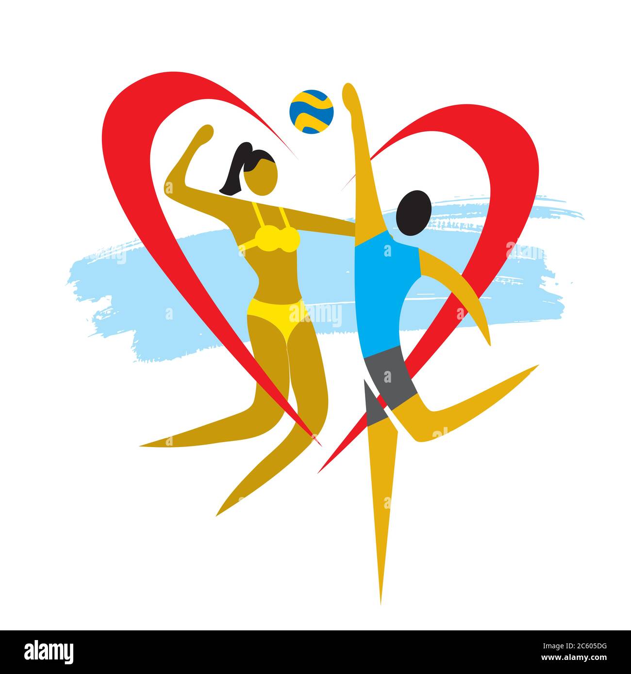 Paar mit Herz Symbol Volleyball spielen. Bunte Illustration von heterosexuellen Paar, Volleyball-Spieler. Beziehungskonzept. Vektor verfügbar. Stock Vektor