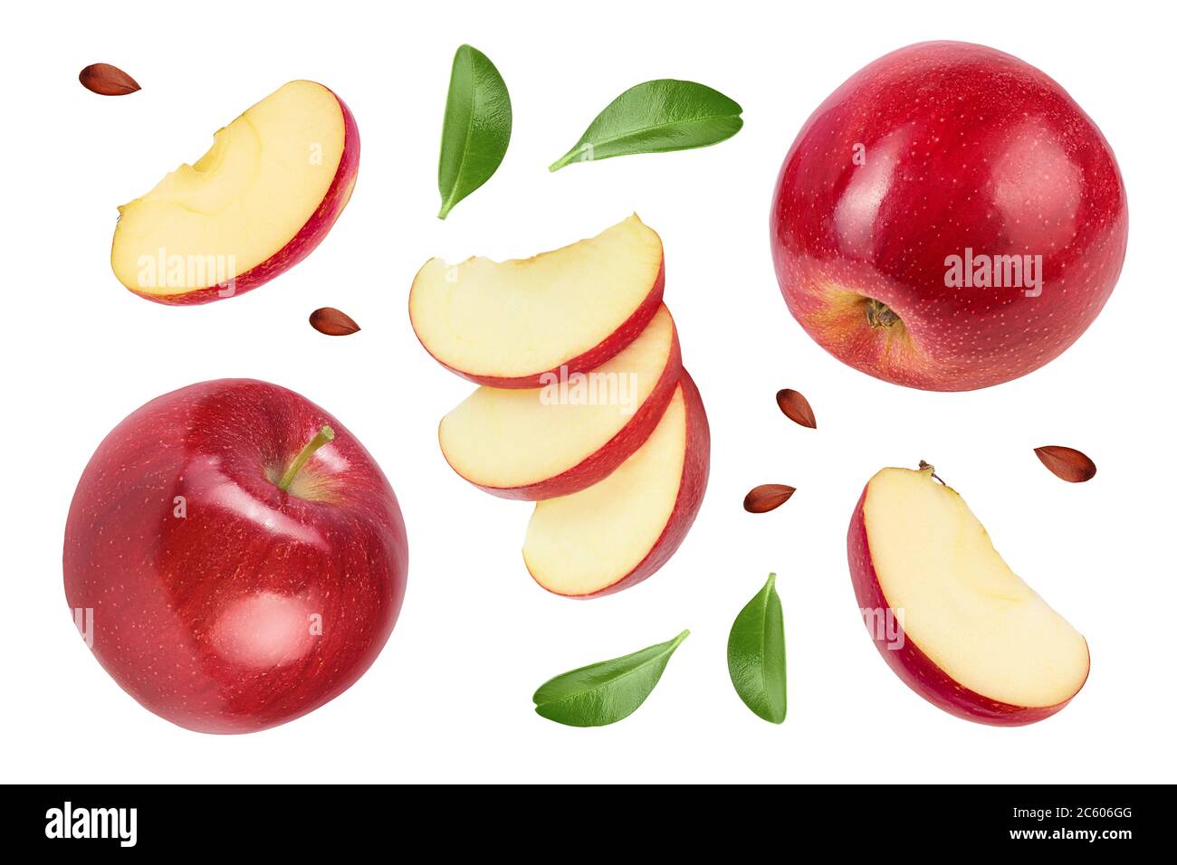 Roter Apfel mit halb isoliert auf weißem Hintergrund. Draufsicht. Flach liegend. Set oder Sammlung. Stockfoto