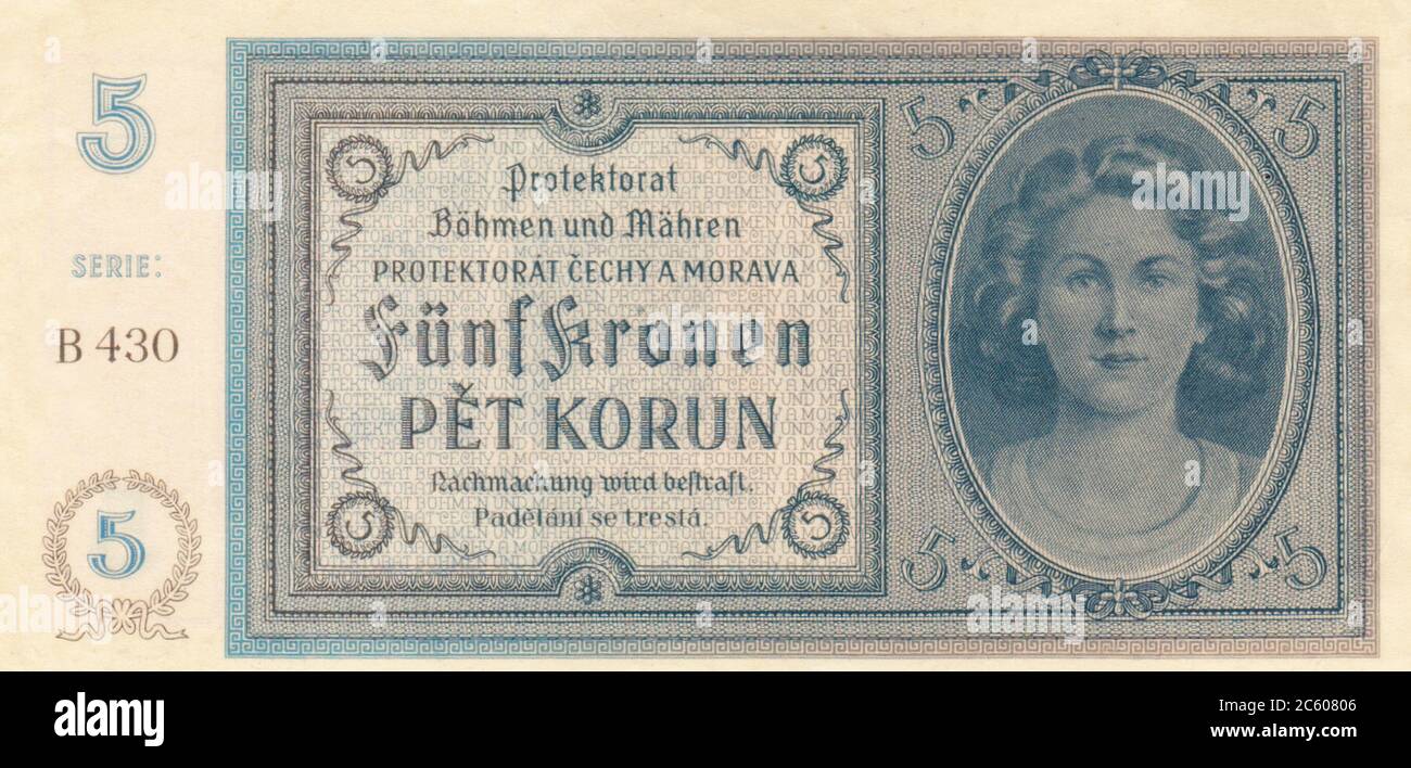 Alte Banknote von 5 CZK, die in der Zeit der deutschen Besatzung verwendet wurde. ( Protektorat Böhmen und Mähren). 1939-1945 Stockfoto