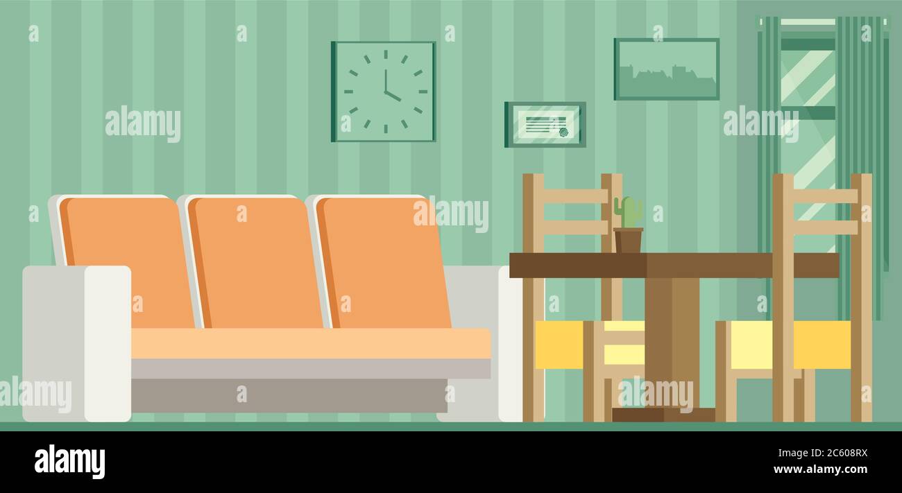 Wohnzimmer und Esszimmer mit Möbeln Stock Vektor