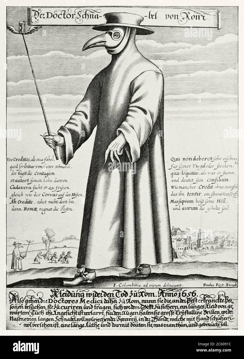 Kupferstich von Doktor Schnabel, einem Pestarzt im 17. Jahrhundert Rom, um 1656 EIN Pestarzt war ein Arzt, der Opfer von Th behandelt Stockfoto