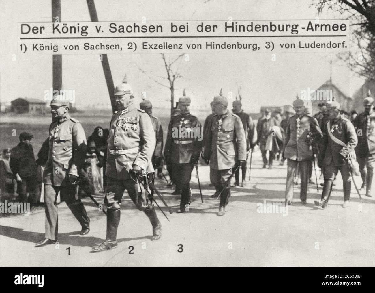 Deutsche Retro-Postkarte. 1. König von Sachsen. 2. Exzellenz der Hindenburg. 3. General von Ludendorf. Deutsches Reich. 1914-1917 Stockfoto