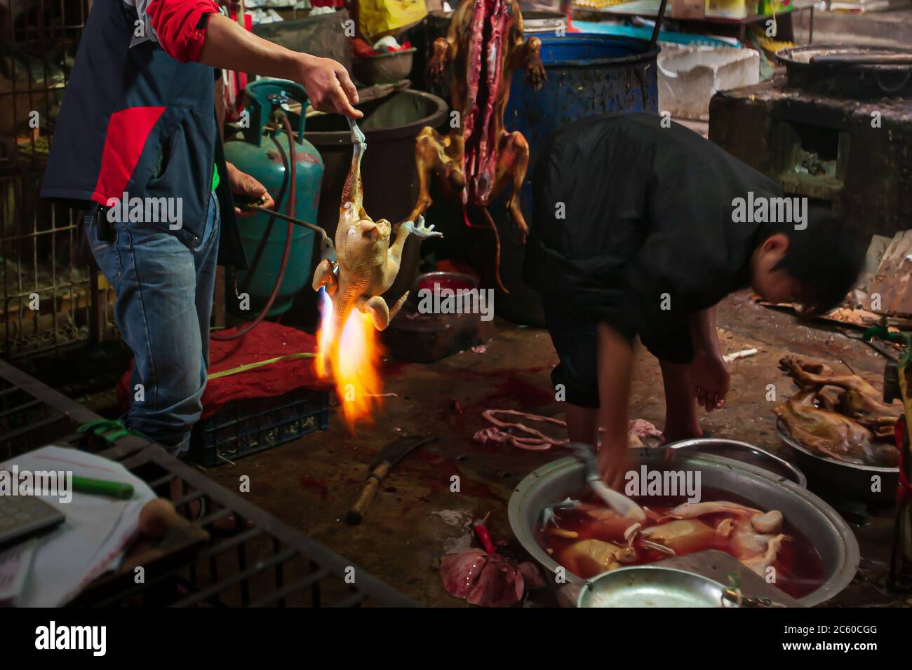 Chinesischer Metzger mit Gasbrenner brennende Huhn und Hund in einer Metzgerei in einem lokalen Markt. Konzentrieren Sie sich auf Huhn. Stockfoto