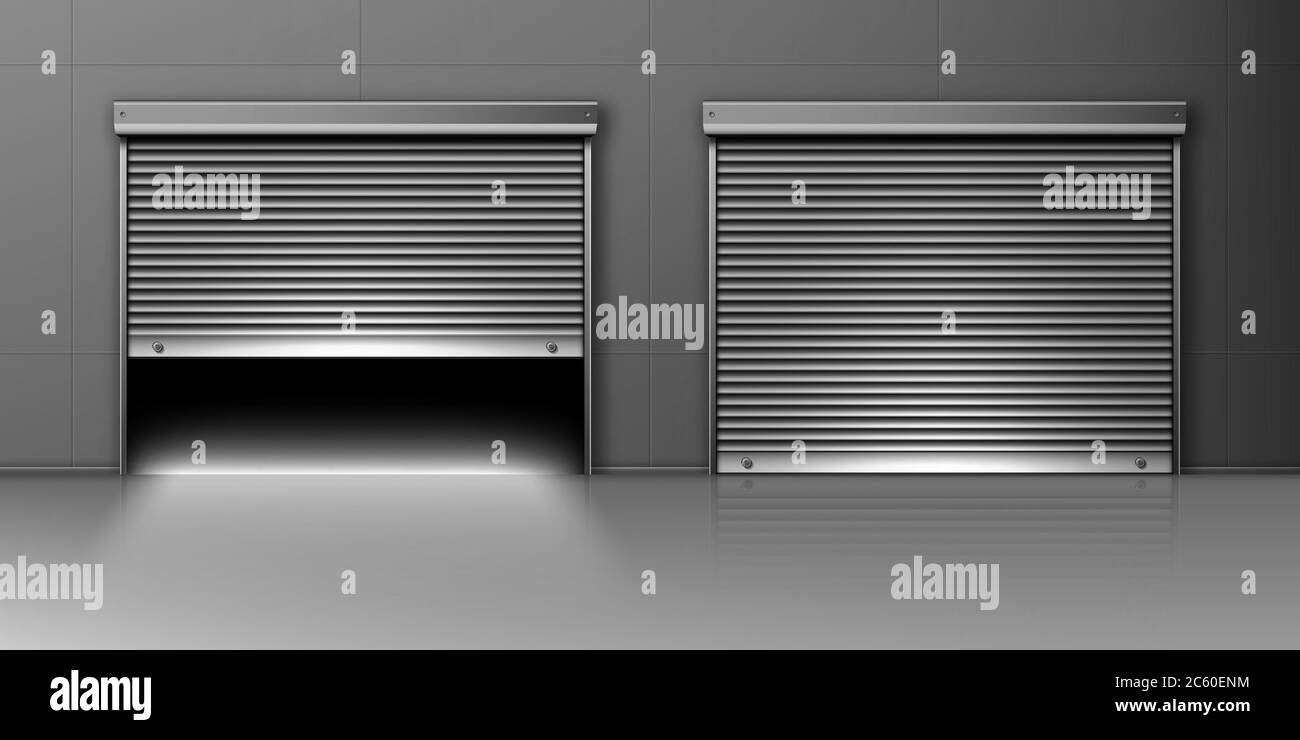 Garagentore, Hangareingänge mit Rollläden. Lagerhaus außen mit engen und offenen Boxen, realistische 3d-Vektor-Lagerung für Parkplatz oder Miete, Zimmer für Reparatur-Service mit Metall Türen Stock Vektor