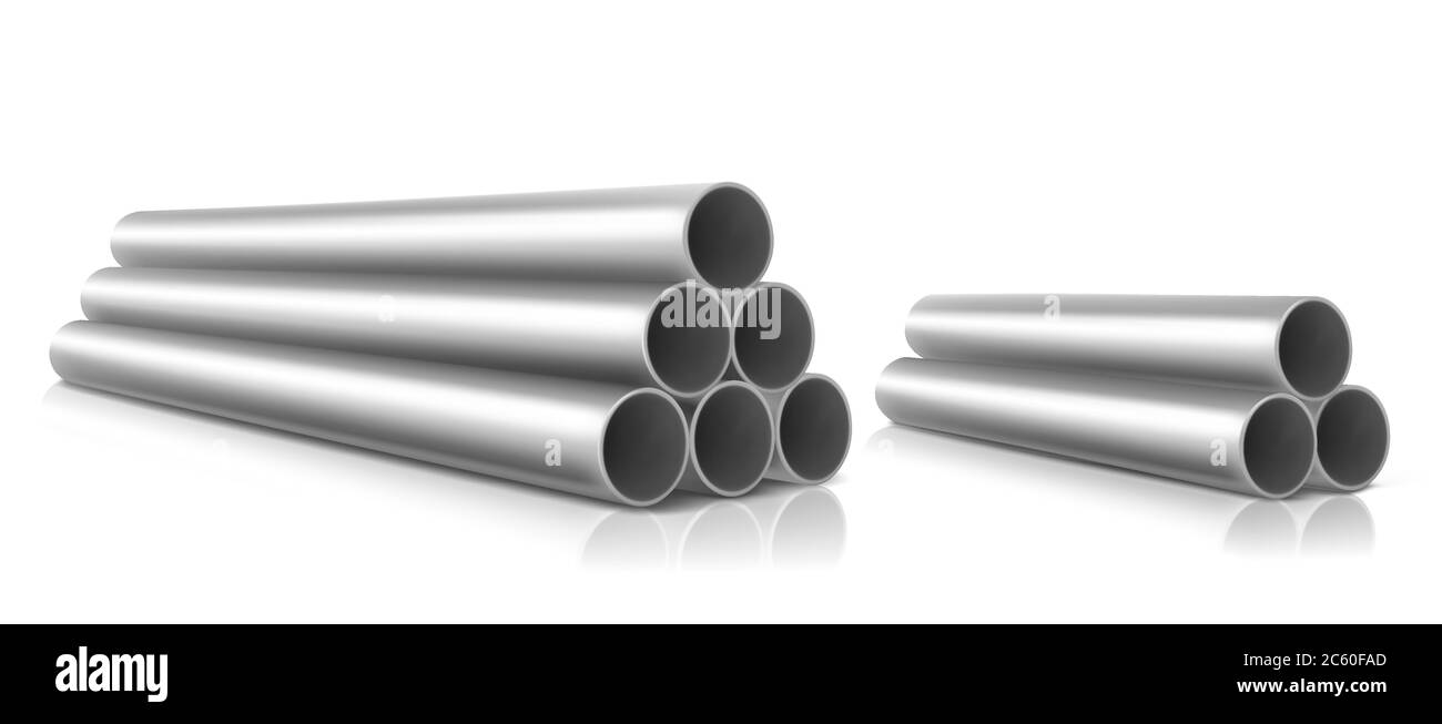Stapel von Stahlrohren isoliert auf weißem Hintergrund. Vector realistische Satz von geraden Metall oder pvc-Sanitär-Zylinder. Industrielle Rohrleitungsstücke für Rohrleitung, Fabrik oder Bau Stock Vektor