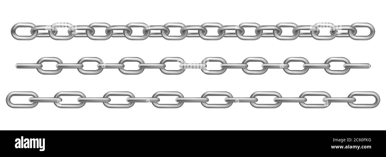 Verchromte Metallketten auf weißem Hintergrund isoliert. Vector realistische Satz von geraden schweren Stahlketten mit verschiedenen Größen Links. Rahmen oder Rahmenmuster mit verbundenen Edelstahlringen Stock Vektor