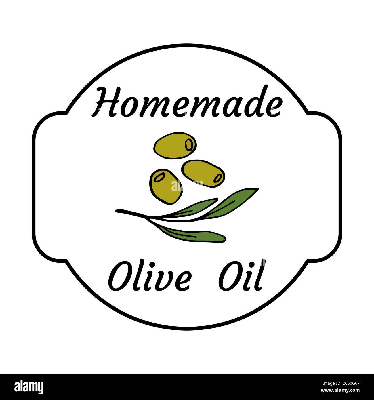 Selbstgemachtes Olivenöl Etikett. Skizzieren Doodle Stil Design-Vorlage. Handgezeichnete Vektor-transparente Illustrationen. Bunte Oliven. Stock Vektor