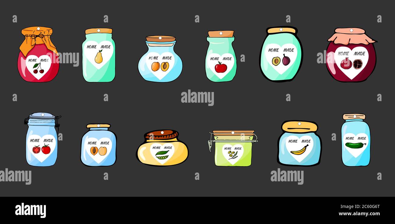 Set mit selbstgemachten Etiketten. Skizzieren Doodle Stil Design-Vorlage. Handgezeichnete Vektorgrafiken. Süße Gläser, Obst, Gemüse und Beeren. Stock Vektor
