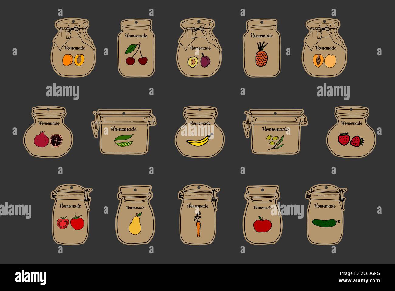 Set mit selbstgemachten Etiketten. Skizzieren Doodle Stil Design-Vorlage. Handgezeichnete Vektorgrafiken. Süße Gläser, Obst, Gemüse und Beeren. Stock Vektor