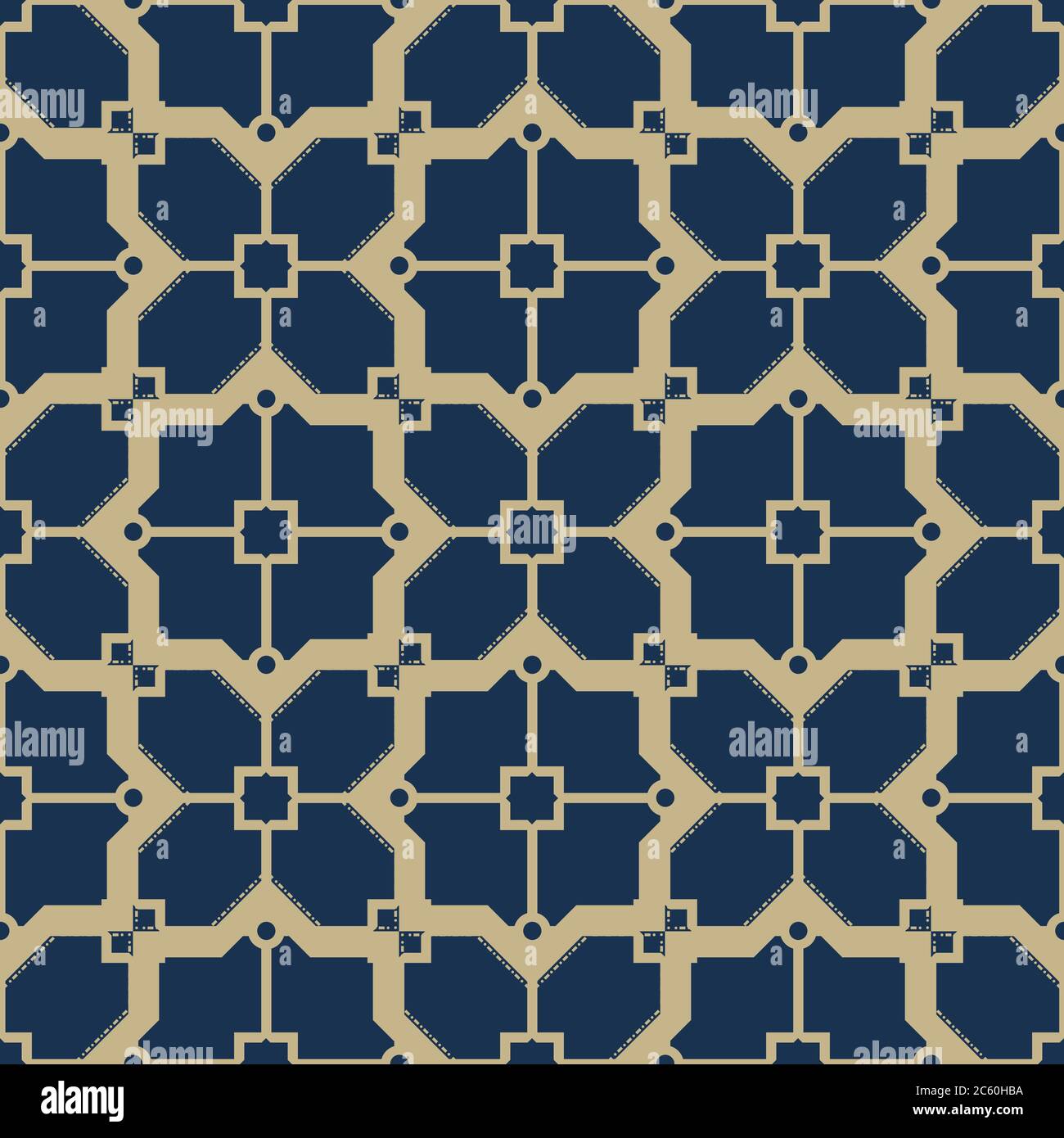 Nahtloses geometrisches Muster im orientalischen Stil.Vintage Islamische Tapete. Gitter Grafikdesign. Vektor moderne Fliesen Muster in Gold und dunkelblau. Stock Vektor