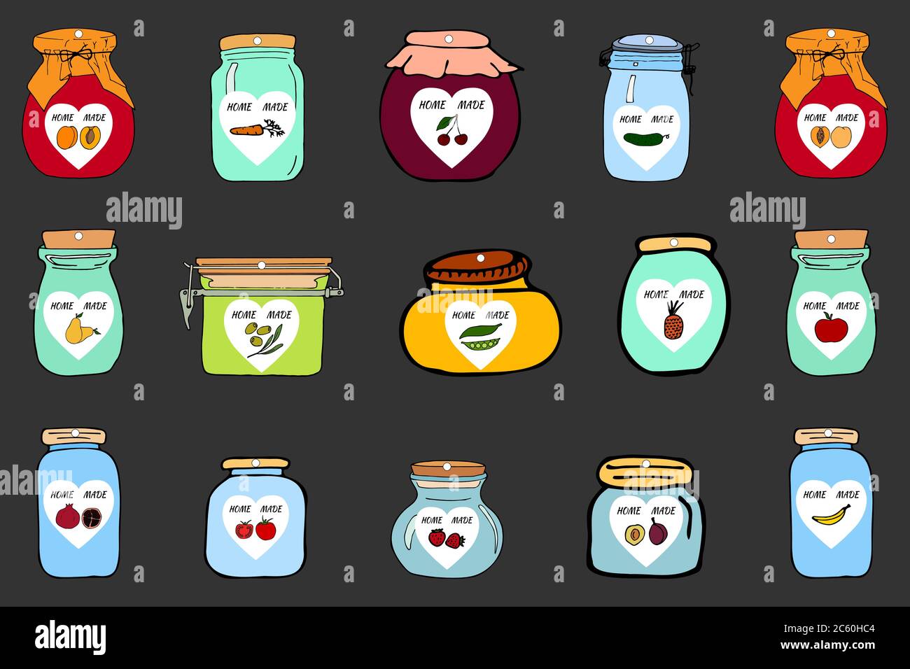 Set mit selbstgemachten Etiketten. Skizzieren Doodle Stil Design-Vorlage. Handgezeichnete Vektorgrafiken. Süße Gläser, Obst, Gemüse und Beeren. Stock Vektor