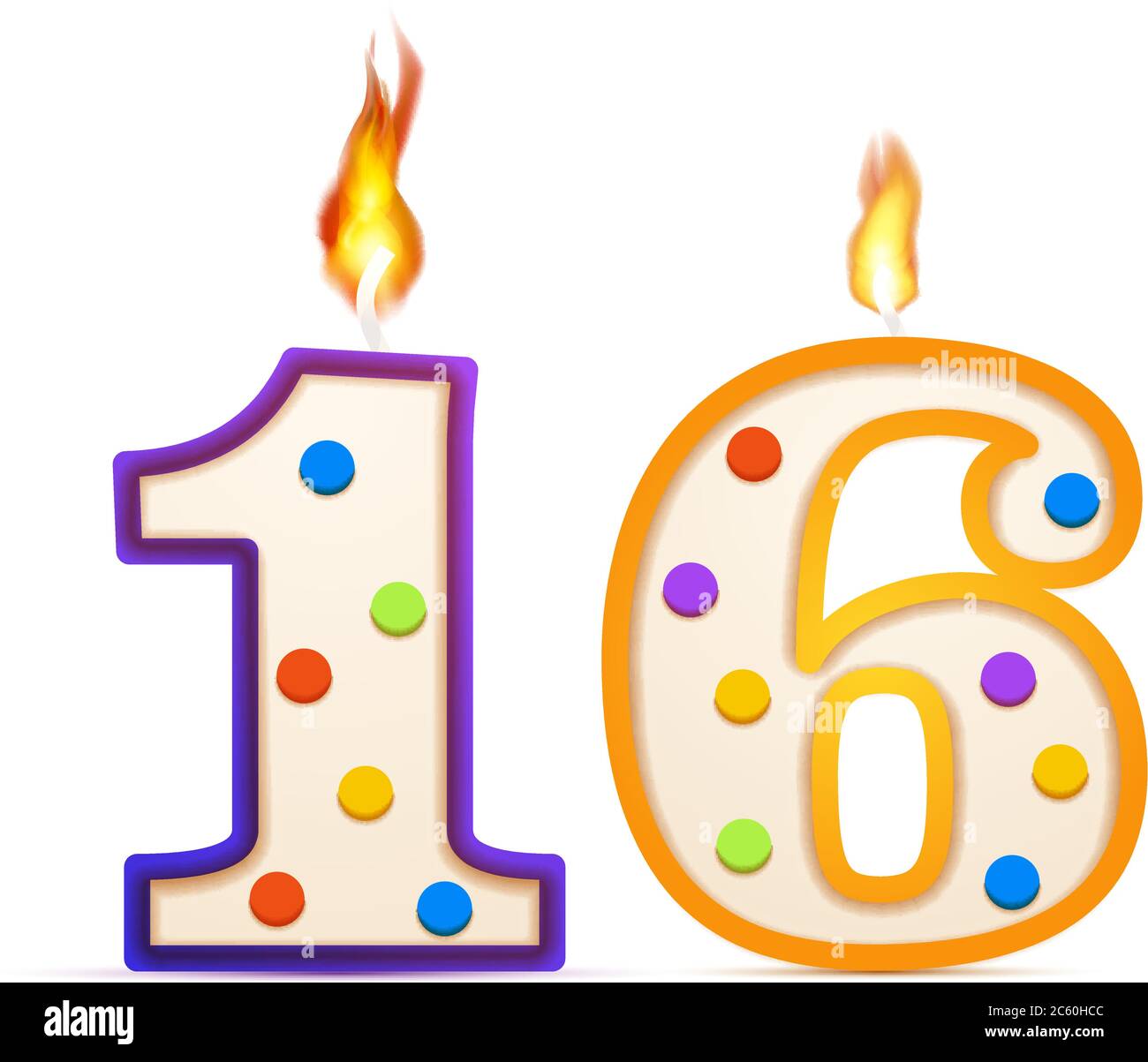 Sechzehn Jahre Jubiläum, 16 nummerförmige Geburtstagskerze mit Feuer auf weiß Stock Vektor