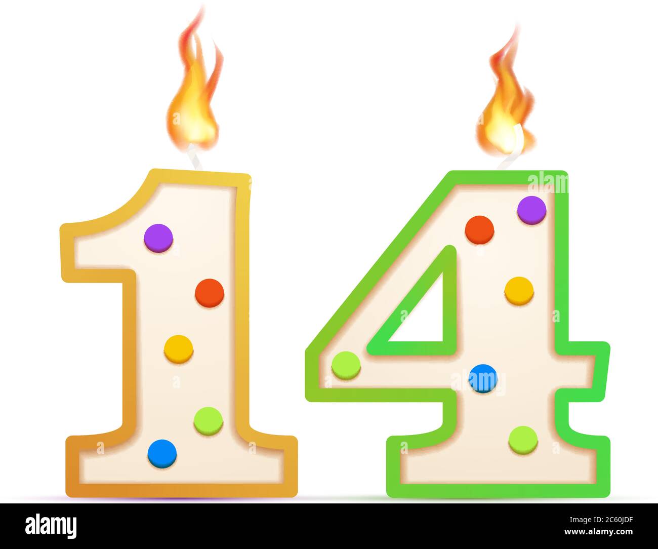 Vierzehn Jahre Jubiläum, 14 nummerförmige Geburtstagskerze mit Feuer auf weiß Stock Vektor