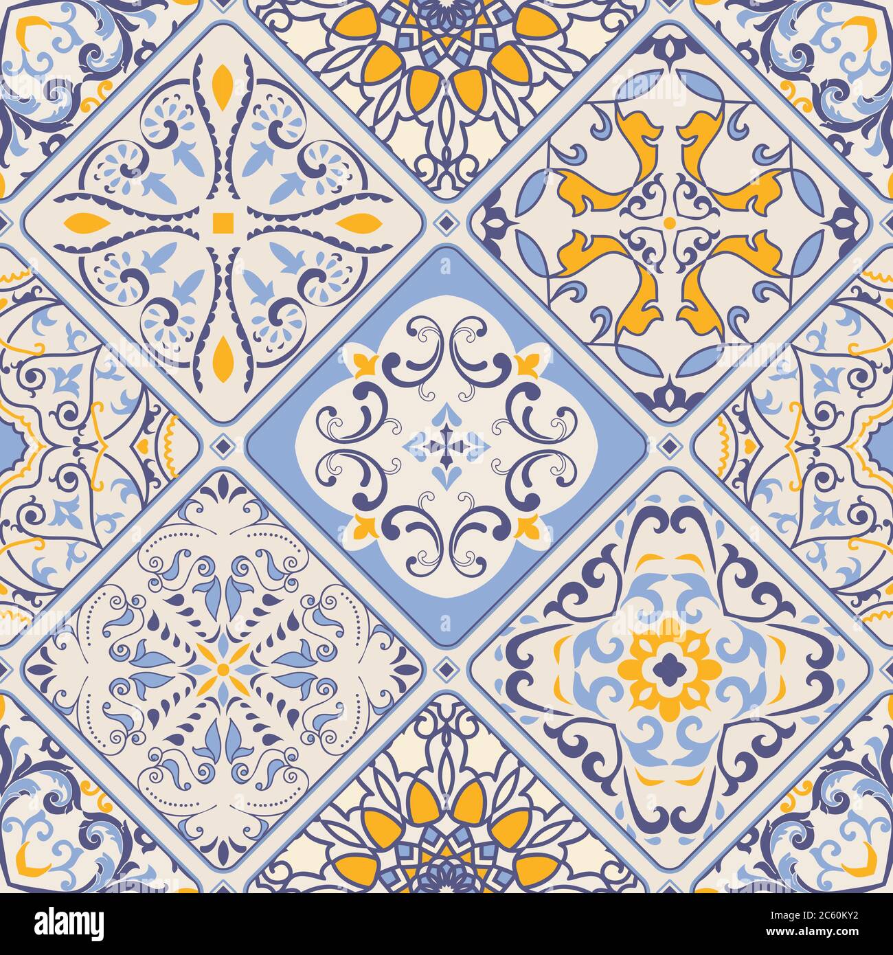 Nahtlose Keramikfliesen mit bunten Patchwork. Vintage-Multicolor-Muster im türkischen Stil. Handgezeichneter Hintergrund. Islam, Arabisch, Ottomane Motive. Stock Vektor