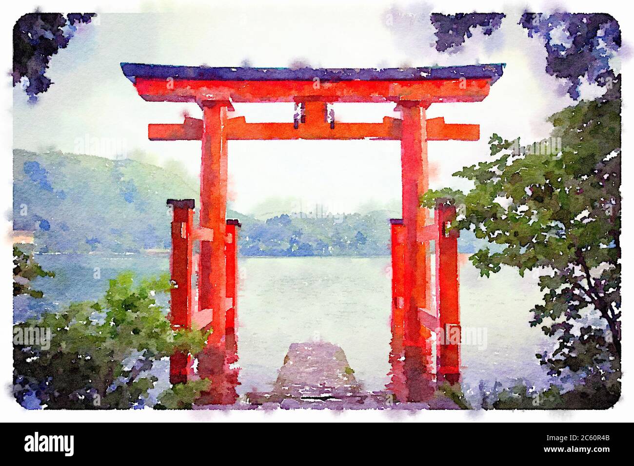 Digitales Aquarell eines Torii-Tores in einem See, Hakone, Japan Stockfoto
