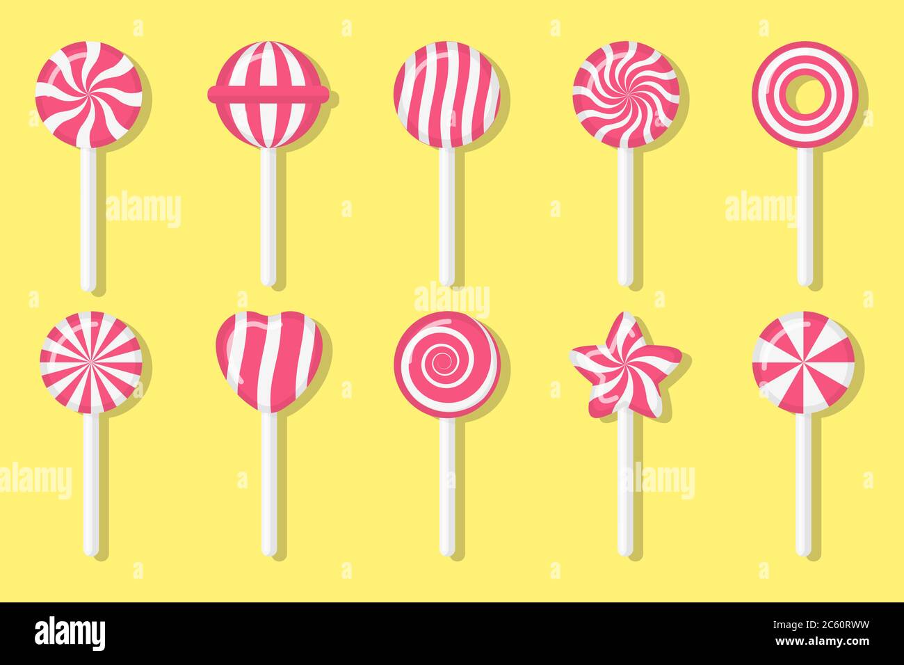 Lutscher Bonbons mit verschiedenen Spiralmuster Set. Rosa und weiße Dessert. Zucker glänzend Cartoon Candy Stick rund mit verdrehtem Design. Süße Leckerbissen. Isoliert auf gelber Vektorgrafik Stock Vektor