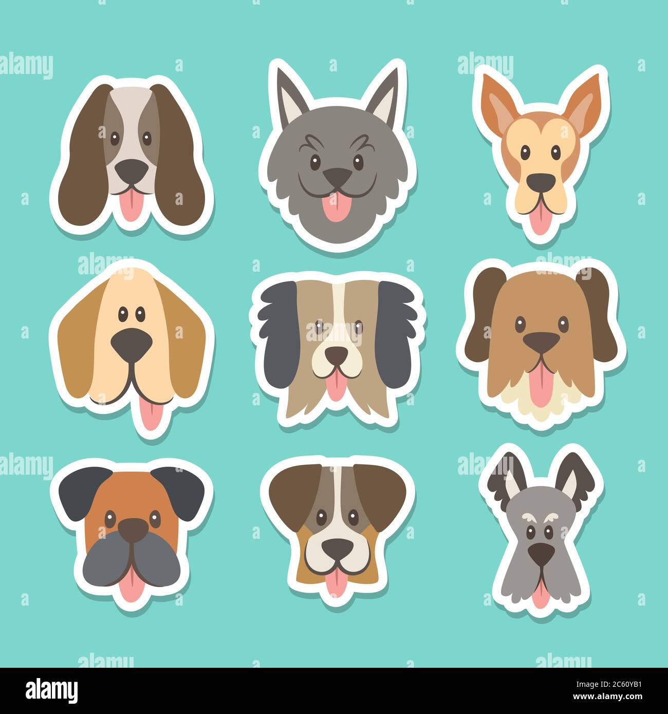 Niedliche Sticker-Kollektion mit verschiedenen Hunderassen im Cartoon-Stil. Vektorgrafik. Stock Vektor
