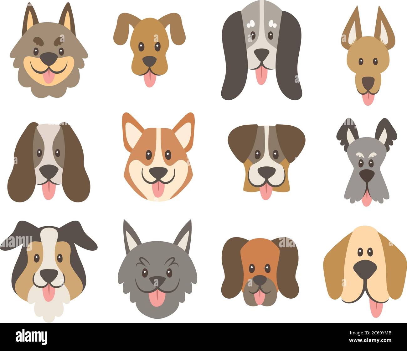 Kollektion „Dog Faces“. Nette Cartoon Hund Gesichter mit ihrer Zunge draußen. Avatar-Symbol eingestellt. Vektorgrafik. Stock Vektor