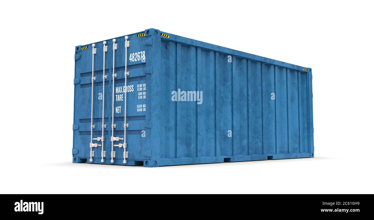 20 Fuß Seecontainer auf blauem Hintergrund 3D-Rendering Stockfoto