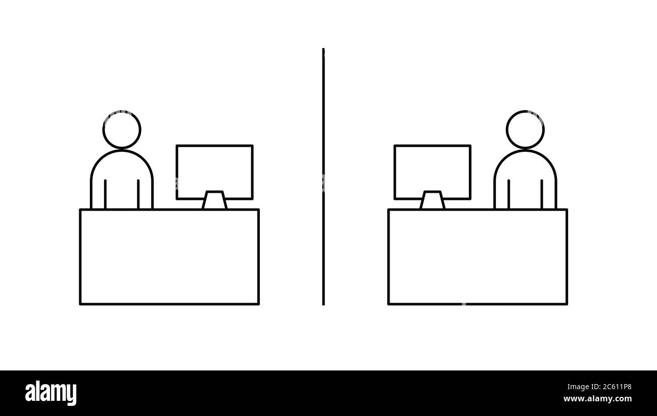 Zwei Personen sitzen an Schreibtischen, die durch Trennwände voneinander getrennt sind. Neue Normalität am Arbeitsplatz. Verhindern Sie Coronavirus. Trennwand Bürosicherheit. Schwarzer Umriss Stock Vektor