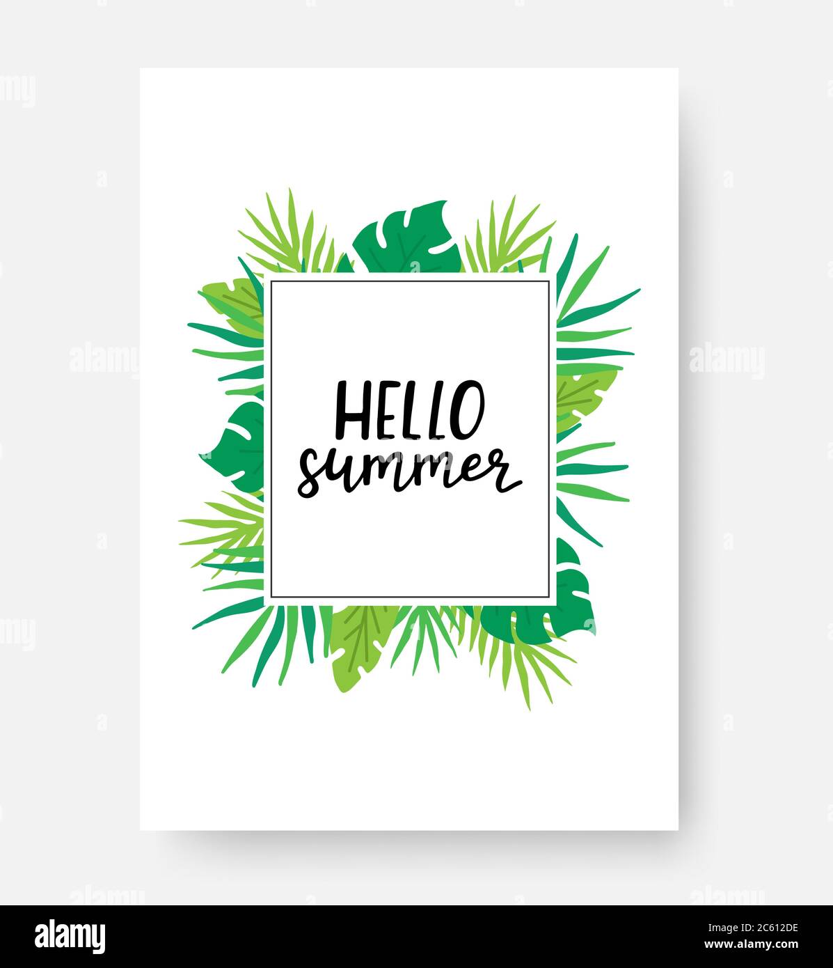 Hallo Sommer Poster mit Platz für Text. Sommerposter mit Monstera, Palmblättern und handgeschriebener Phrase. Handschriftenverbot für inspirierende Typografie Stock Vektor