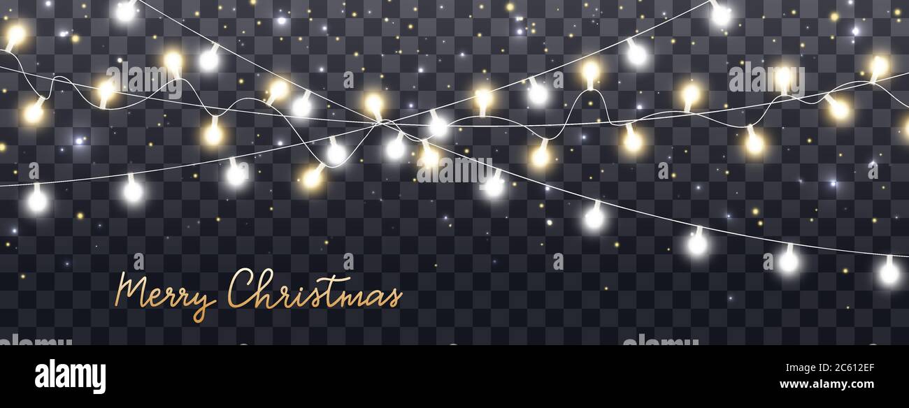 Weihnachtslichter auf dunklem transparenten Hintergrund isoliert. Fröhliche Weihnachten Hand-Schriftzug mit glühenden goldenen Girlande Lichter. LED-Neonlampe. Helle dez Stock Vektor