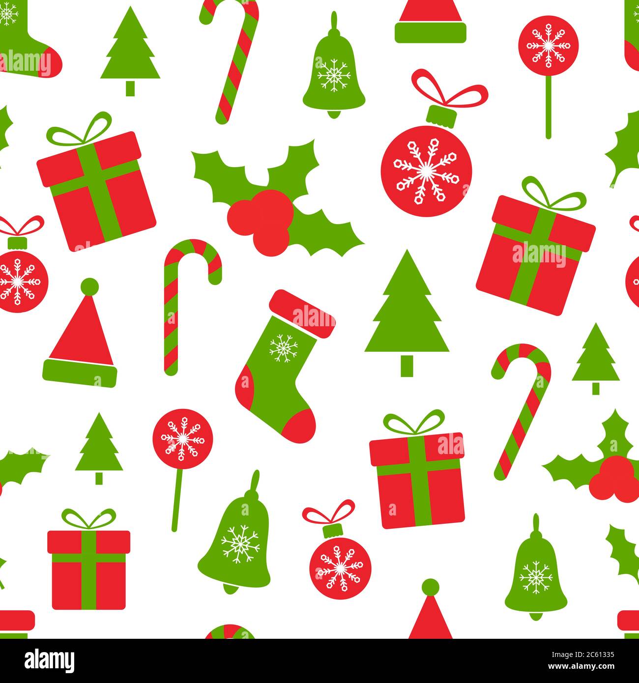 Weihnachtsmuster mit Stechbeeren Kugeln Geschenkboxen, Zuckerrohr, Glocke, Baum, Schneeflocken. Frohe Weihnachten nahtlose Muster. Design-Elemente für den Urlaub. Stock Vektor