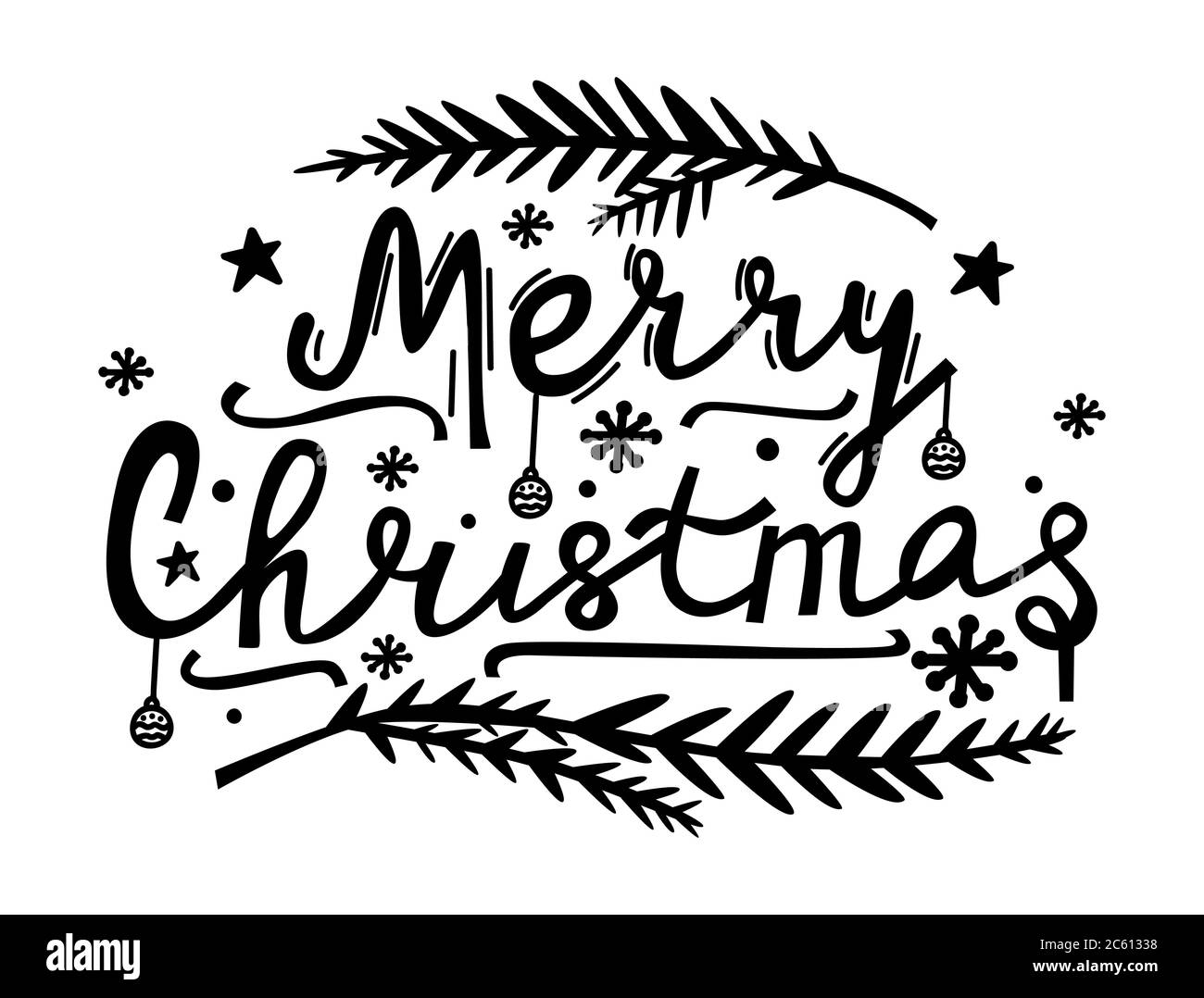 Frohe Weihnachten Hand Schriftzug. Doodle Stil Illustration mit Weihnachten Symbole. Moderne Schriftzüge für Karten, Poster, T-Shirts, Banner. Vektor Stock Vektor
