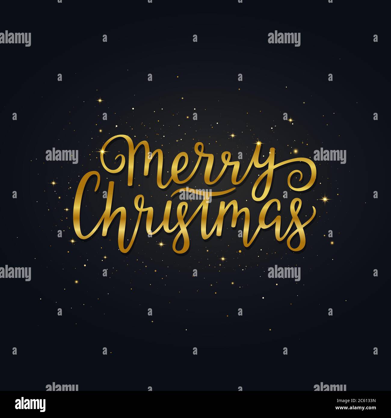 Frohe Weihnachten Gold handgezeichnete Schriftzug. Leuchtend goldener Weihnachtstext mit Glitzer funkelt und Sterne. Weihnachtskalligraphie. Vektor für Winterurlaub Stock Vektor