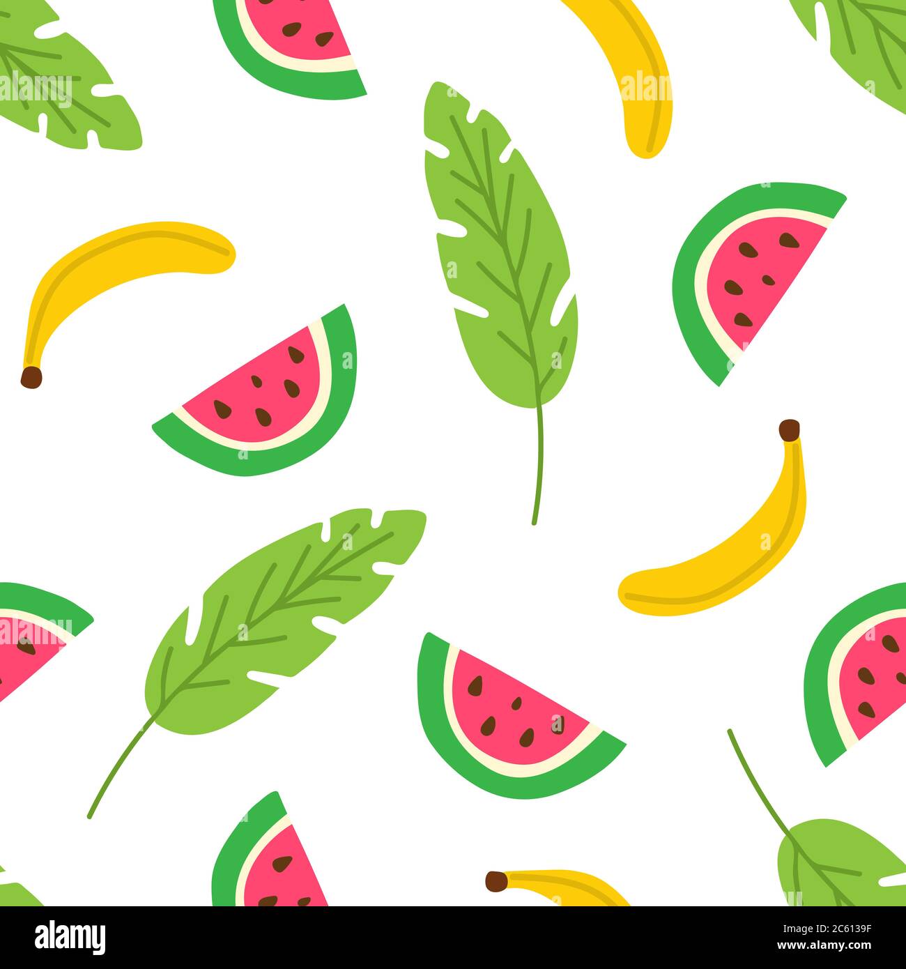Tropische Früchte und Blätter nahtloses Muster. Sommer Hintergrund mit Wassermelonen Scheiben und Banane. Moderne Vorlage für Druck, Banner. Vektor Stock Vektor